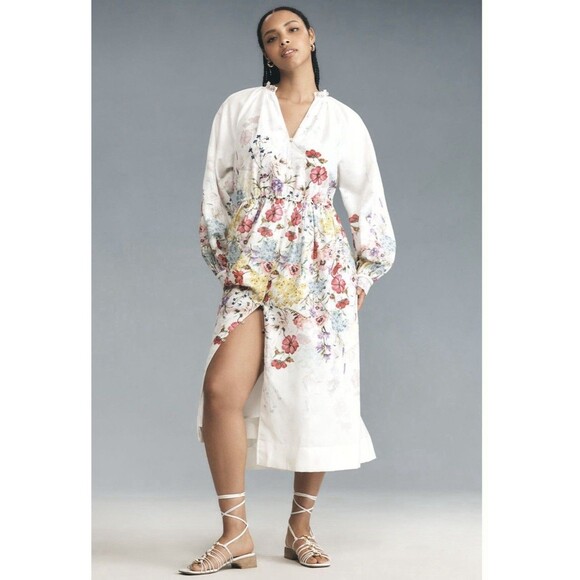 Anthropologie Let Me Be Long Sleeve Preppy V Neck Floral A Line Midi Dress Md - Picture 1 of 8
